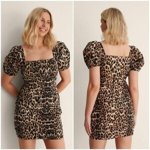 NA-KD Leopard Print Cotton Party Mini Dress Puff Sleeve Ruched Detail